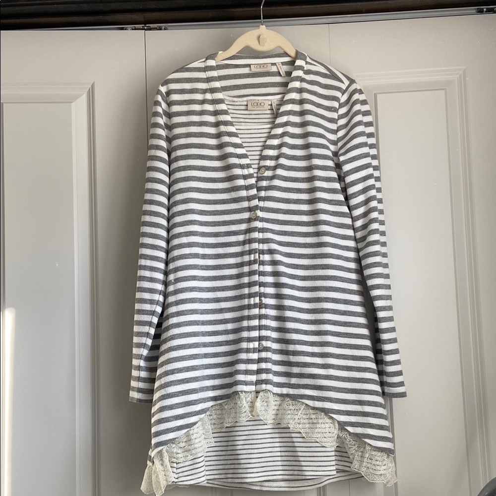 LOGO by Lori Goldstein Gray Striped Cardigan with Tank set
